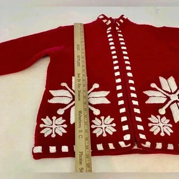 Laura Leigh Sweater Women XL Red 100% Boiled Wool Zip Snowflakes Jacket festive - Picture 4 of 6